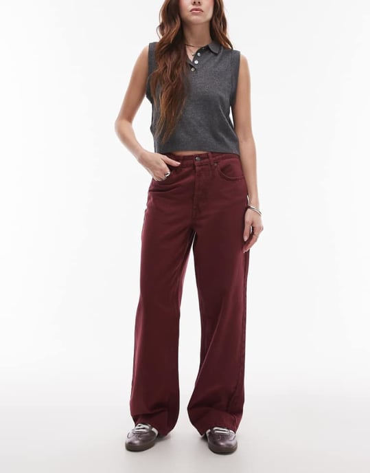 Topshop mid rise loose fit straight jean in burgundy - Image 1