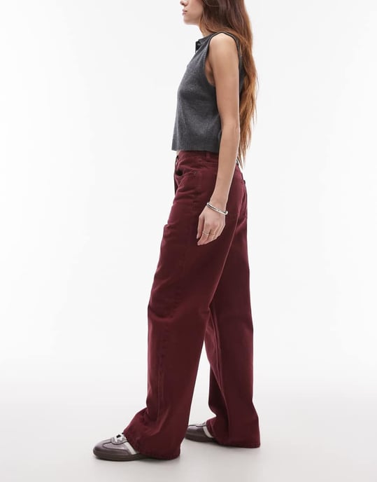 Topshop mid rise loose fit straight jean in burgundy - Image 3