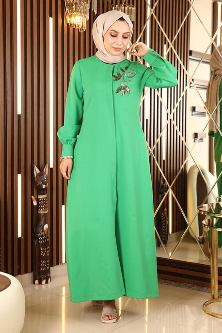 Broderad Hijab Abaya Grön - Image 3