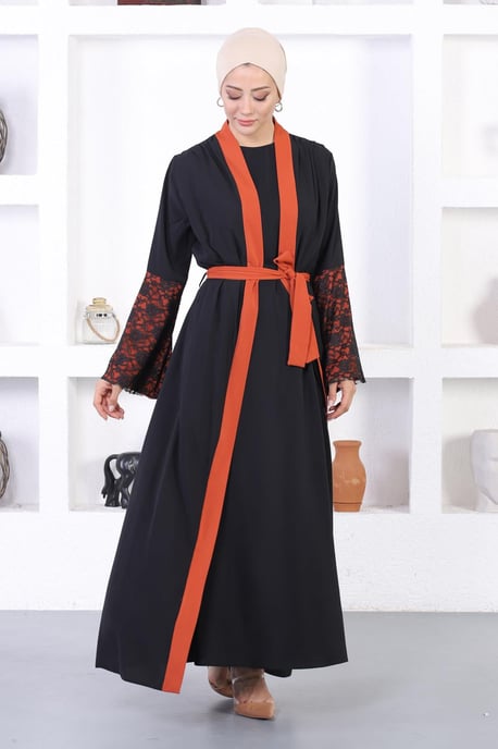 Spets Detailed Abaya Tegelröd - Image 2