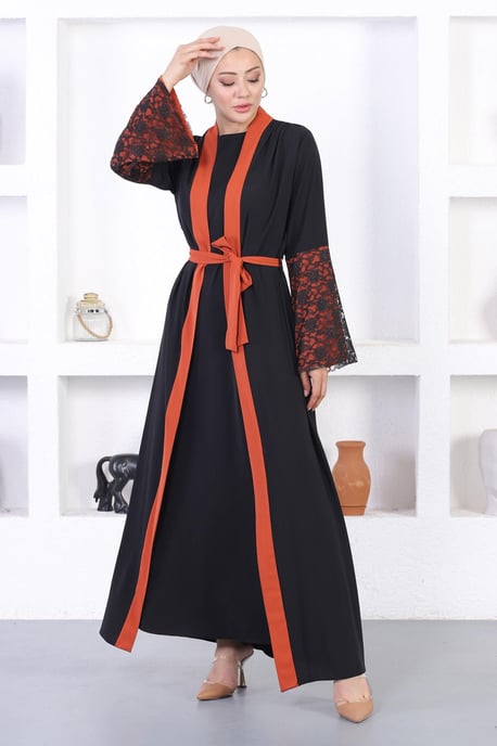 Spets Detailed Abaya Tegelröd - Image 3