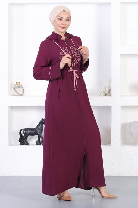 Broderad Huva Abaya Plommon - Image 2