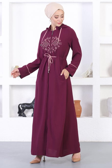 Broderad Huva Abaya Plommon - Image 3