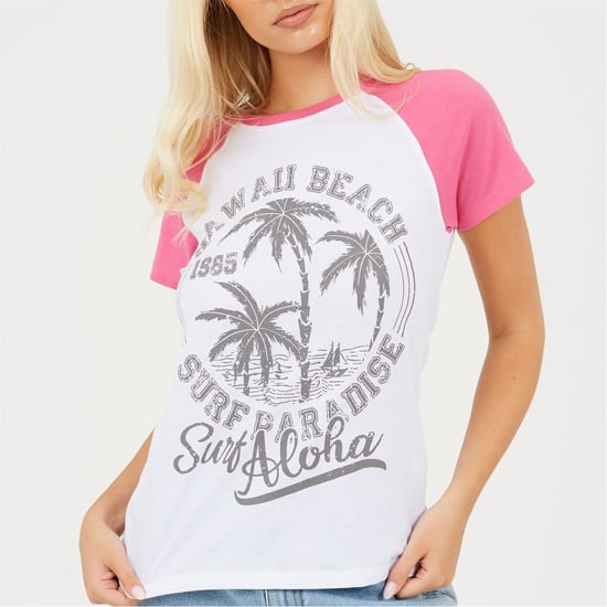 Women's Brave Soul Lettering Graphic Crew Neck Short Sleeve Baseball T-Shirt in White/Coral - Image 1