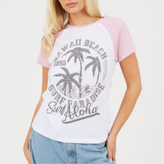 Women's Brave Soul Lettering Graphic Crew Neck Short Sleeve Baseball T-Shirt in White/Lilac - Image 1