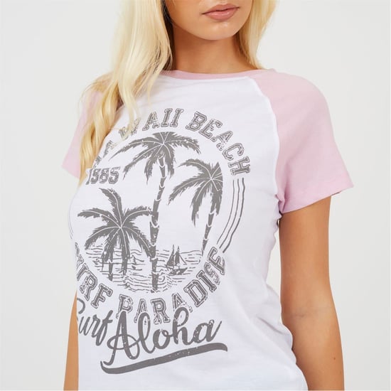 Women's Brave Soul Lettering Graphic Crew Neck Short Sleeve Baseball T-Shirt in White/Lilac - Image 3