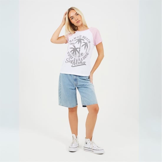Women's Brave Soul Lettering Graphic Crew Neck Short Sleeve Baseball T-Shirt in White/Lilac - Image 4