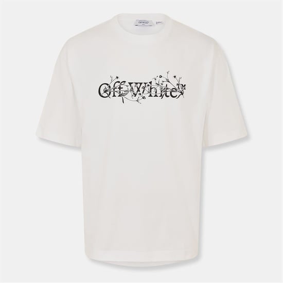Men's Off White Flower Crew Neck Short Sleeve T-Shirt in White-Black - Image 1