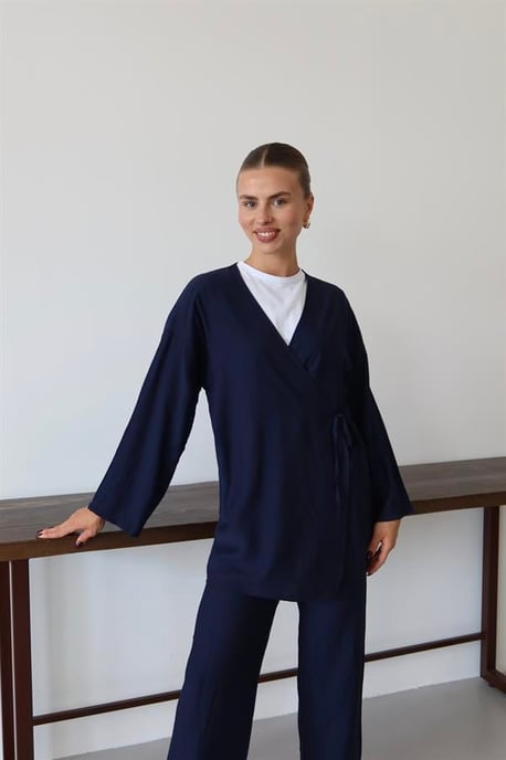 Kreukellook Textured Kimono Pak Marineblauw - Image 5