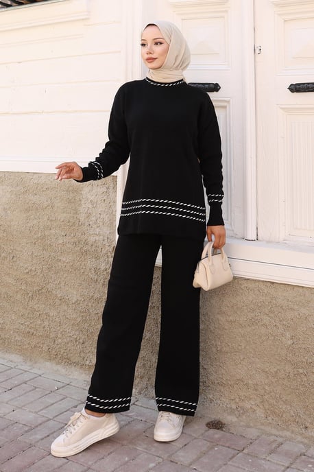 Stripe Detailed Knitwear Suit Black - Image 1