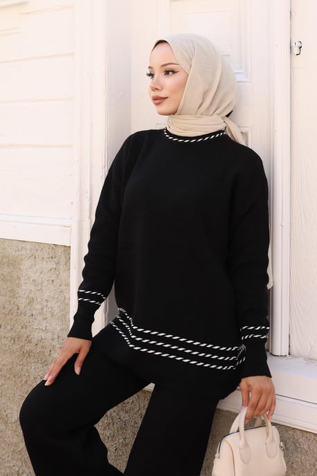 Stripe Detailed Knitwear Suit Black - Image 4