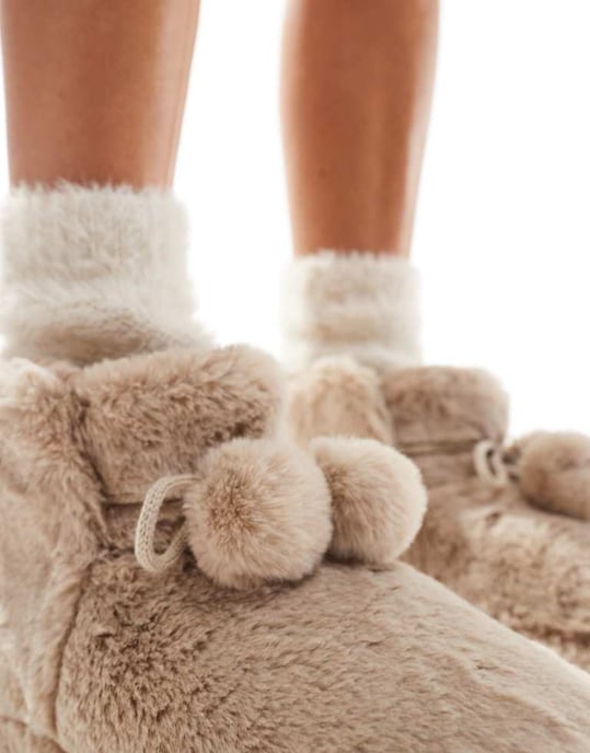 ASOS DESIGN Zyla pom pom bootie slippers in mink - Image 3