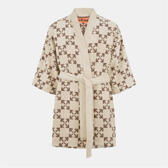 Women's Off White Patterned Robe with Short Sleeves in Cream/Taupe - Image 1