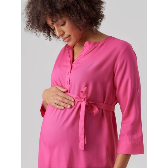 Women's Mamalicious Mlmercy Notched Neck Band Collar Three Quarter Sleeve Tunic in Fuchsia Purple - Image 4