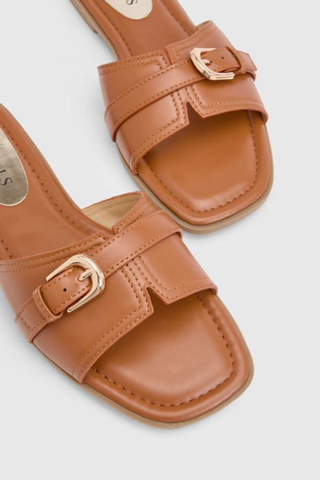 Lacie Faux Leather Buckle Detail Flat Sliders - Image 4