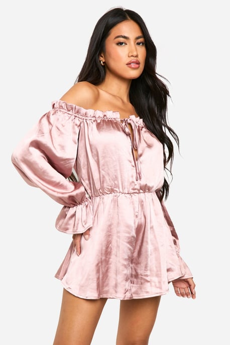 Bardot Ruched Satin Playsuit - Image 1