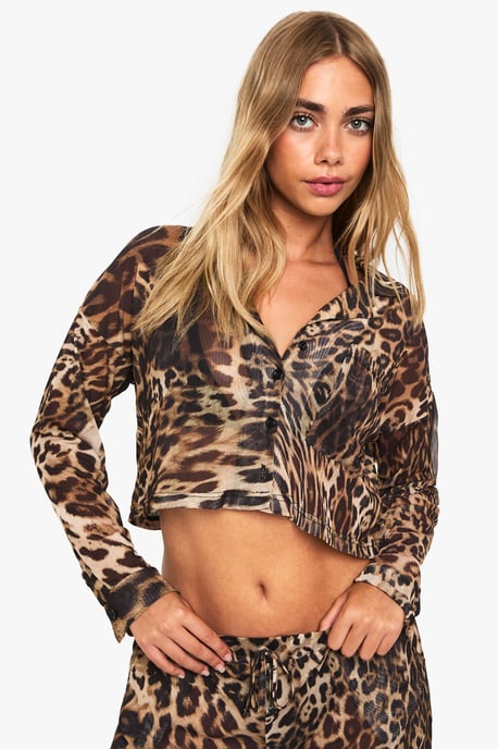Beachwear Essentials Leopard Cropped Long Sleeve Shirt - Image 1