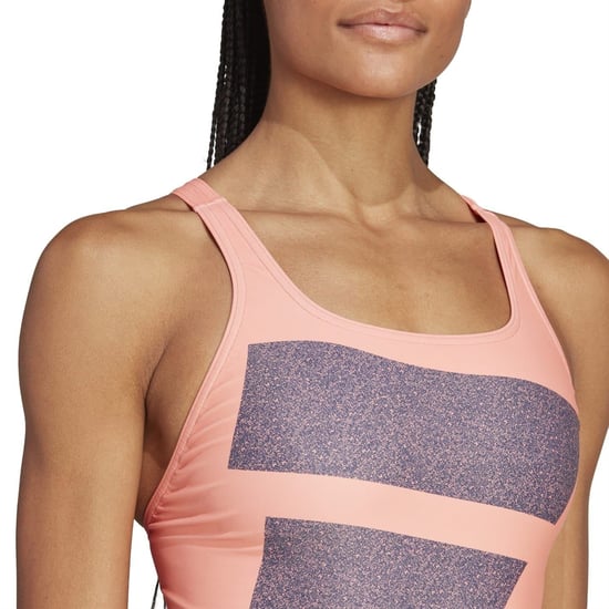 Women's adidas Big Bars Swimsuit in Coral/Navy/Whit - Image 6