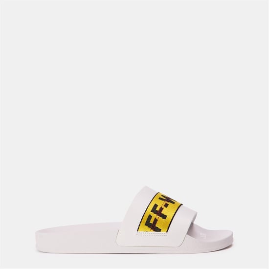 Men's Off White Logo Tape Lettering Slides in Grey/Yellow - Image 1