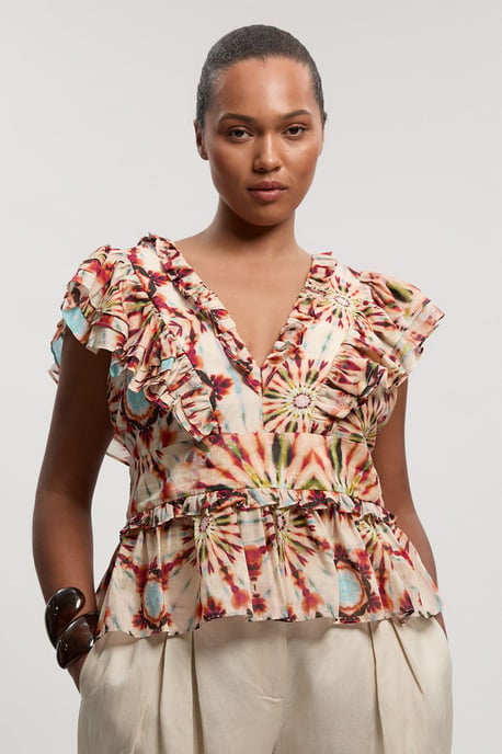 Plus Size Tile Print Silk Cotton Ruffle Detail Woven Top - Image 1