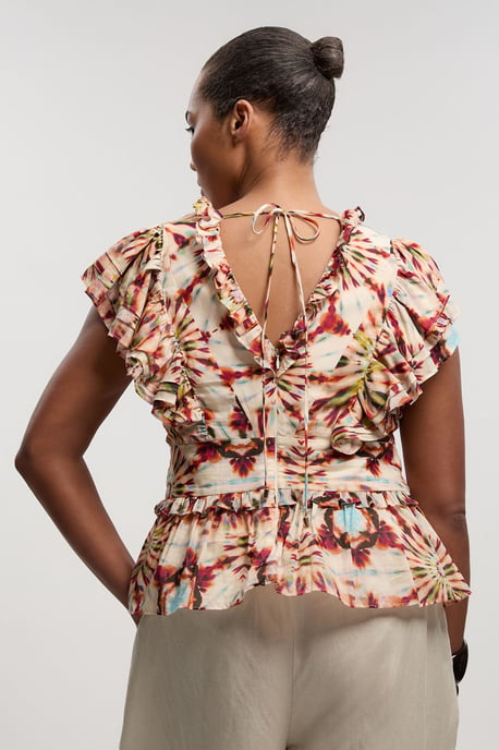 Plus Size Tile Print Silk Cotton Ruffle Detail Woven Top - Image 3