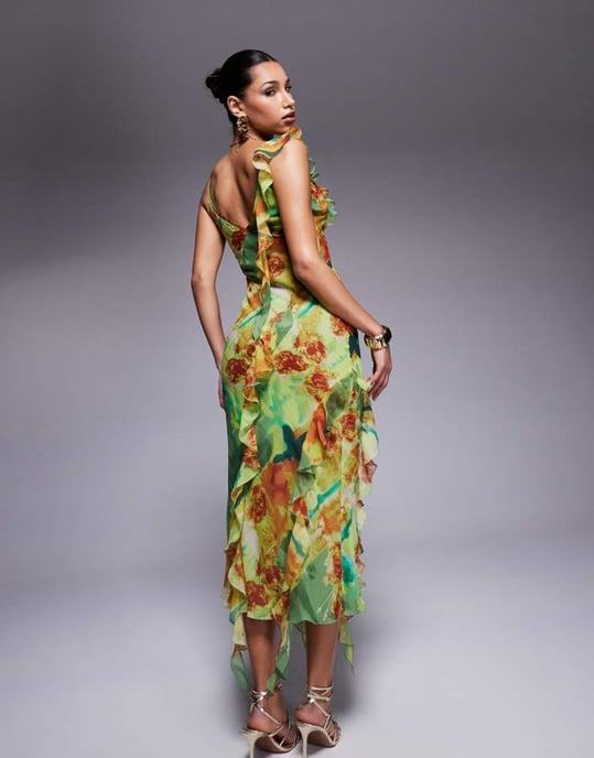ASOS DESIGN plunge lace up ruffle cami midi dress abstract floral - Image 3