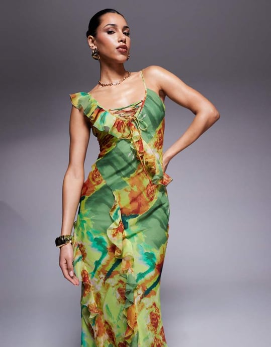ASOS DESIGN plunge lace up ruffle cami midi dress abstract floral - Image 4