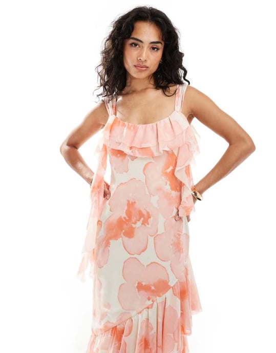 ASOS DESIGN raw edge tendril midi dress with double layer frill hem in watercolour floral - Image 4