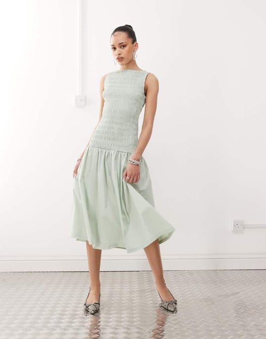 Amy Lynn shirred drop waist midi dress in mint green - Image 1