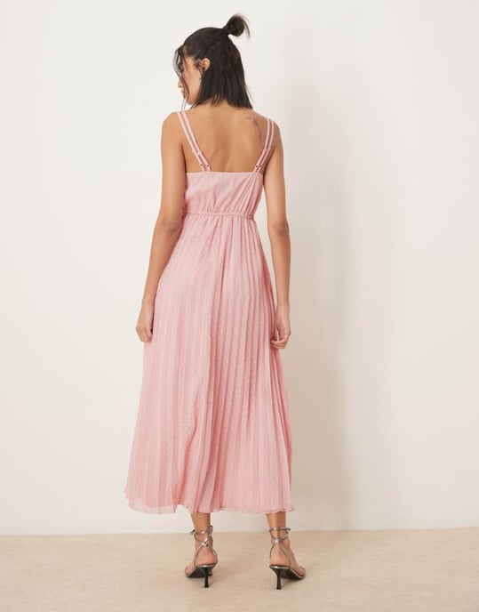 ASOS DESIGN double layer lace insert pleated midi dress in light pink - Image 2