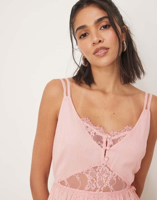 ASOS DESIGN double layer lace insert pleated midi dress in light pink - Image 3