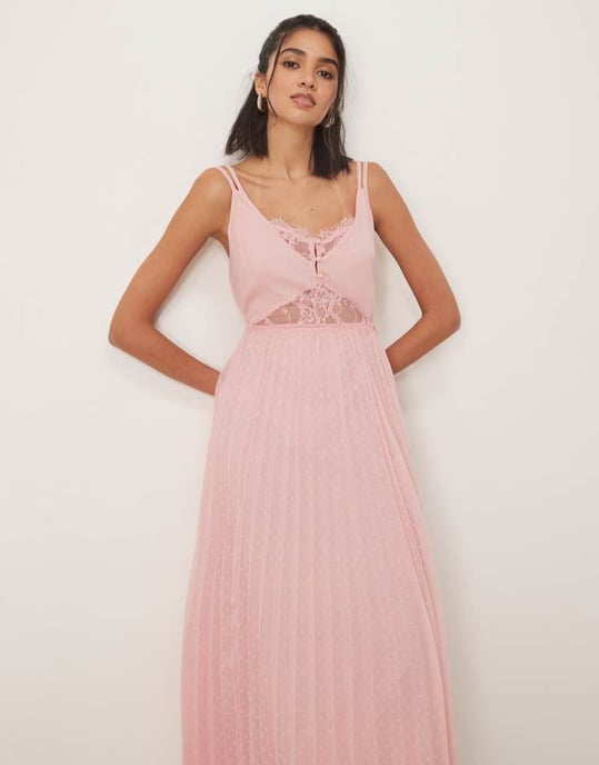 ASOS DESIGN double layer lace insert pleated midi dress in light pink - Image 4
