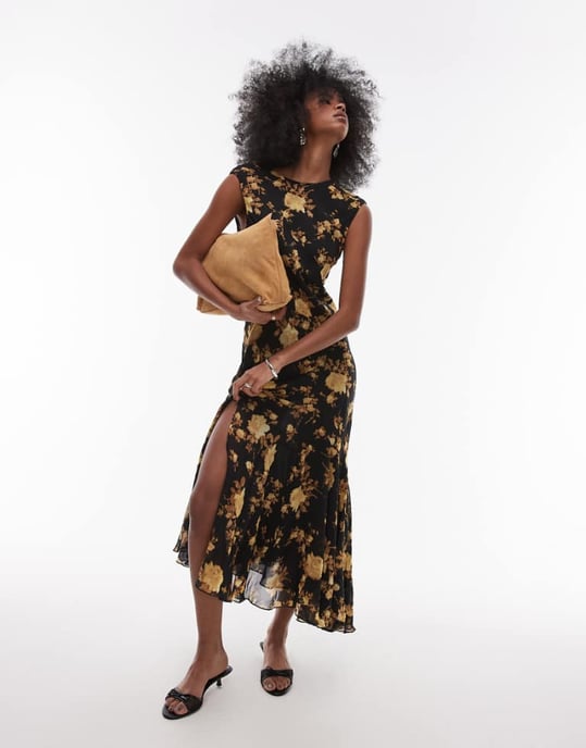 Topshop godet hem boutique occasion midi dress in brown floral - Image 1