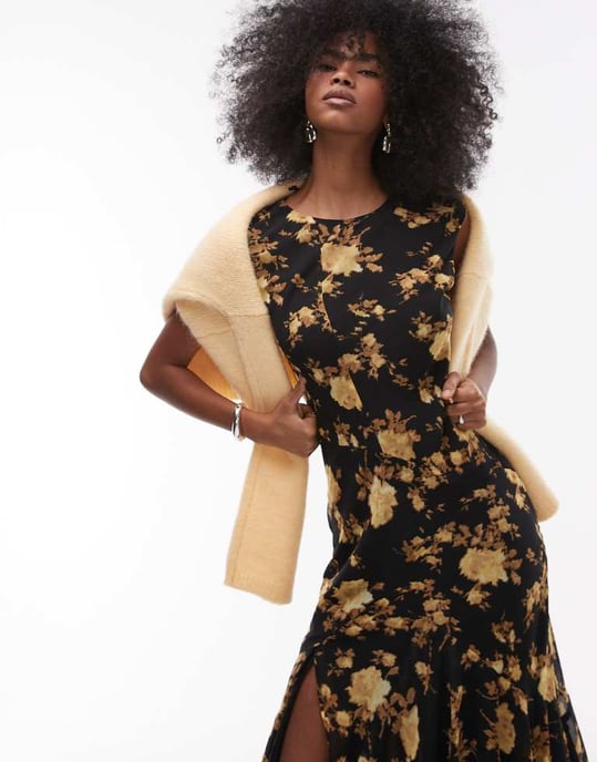 Topshop godet hem boutique occasion midi dress in brown floral - Image 2