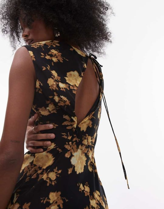 Topshop godet hem boutique occasion midi dress in brown floral - Image 3