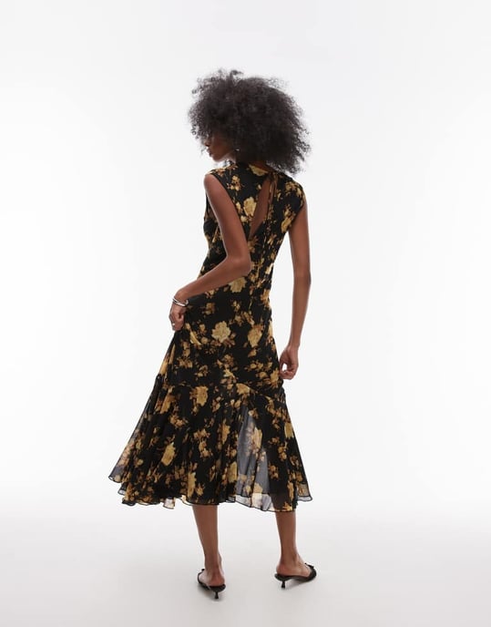 Topshop godet hem boutique occasion midi dress in brown floral - Image 4