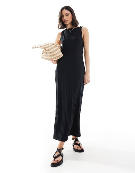 ASOS DESIGN wide rib sleeveless boat neck midi dress in black - Image 1