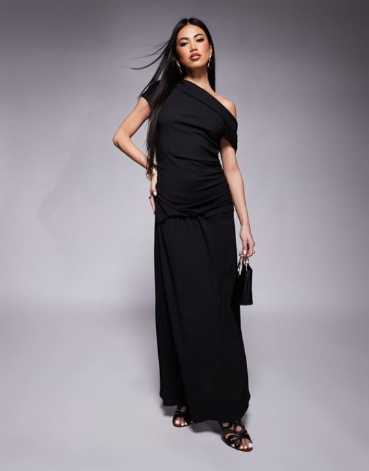 ASOS DESIGN fallen shoulder ruched asym waist midi dress in black - Image 1