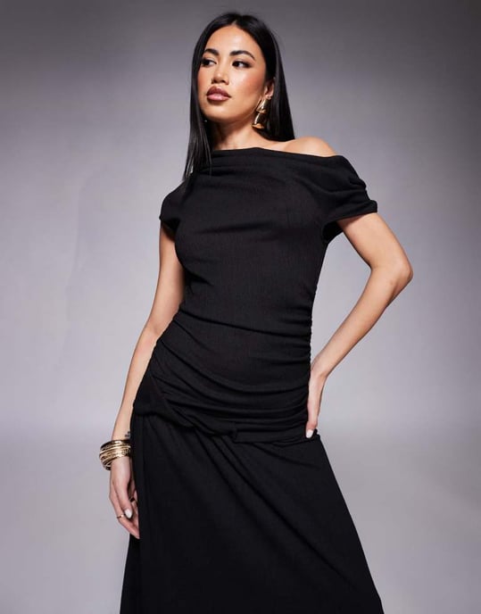 ASOS DESIGN fallen shoulder ruched asym waist midi dress in black - Image 2
