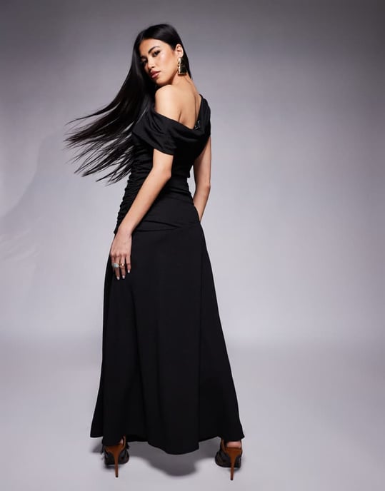 ASOS DESIGN fallen shoulder ruched asym waist midi dress in black - Image 3