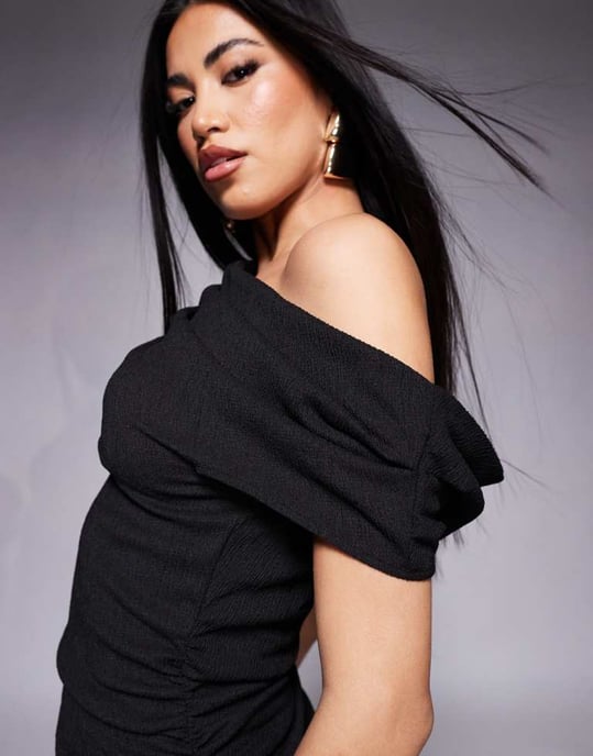 ASOS DESIGN fallen shoulder ruched asym waist midi dress in black - Image 4