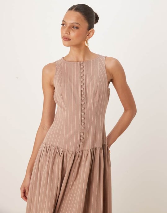 Nobody's Child Claudia drop waist midi dress in neutral stripe - Image 4