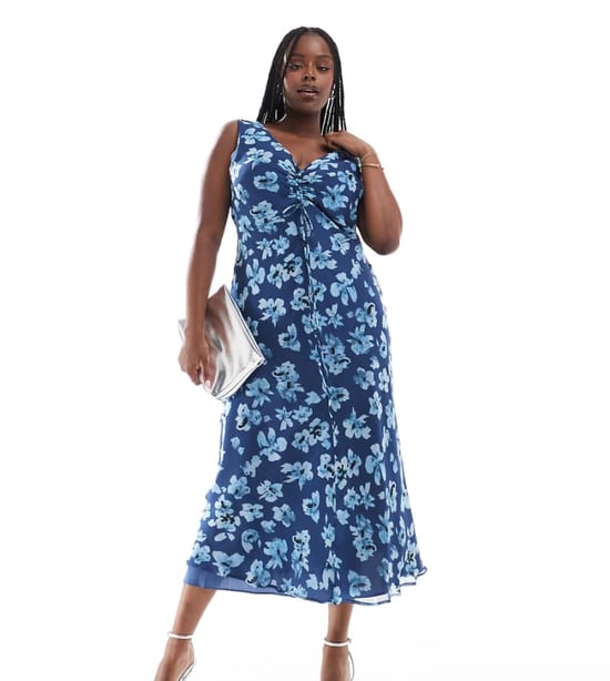 ASOS DESIGN Curve V neck midi dress with ruched bust detail in blue floral - Image 1
