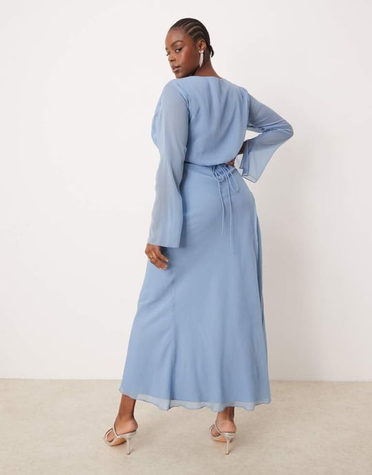ASOS DESIGN Curve wrap front midi dress with seaming details in denim blue - Image 4