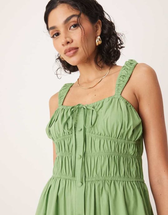 ASOS DESIGN tie front button down midi sundress in sage - Image 2