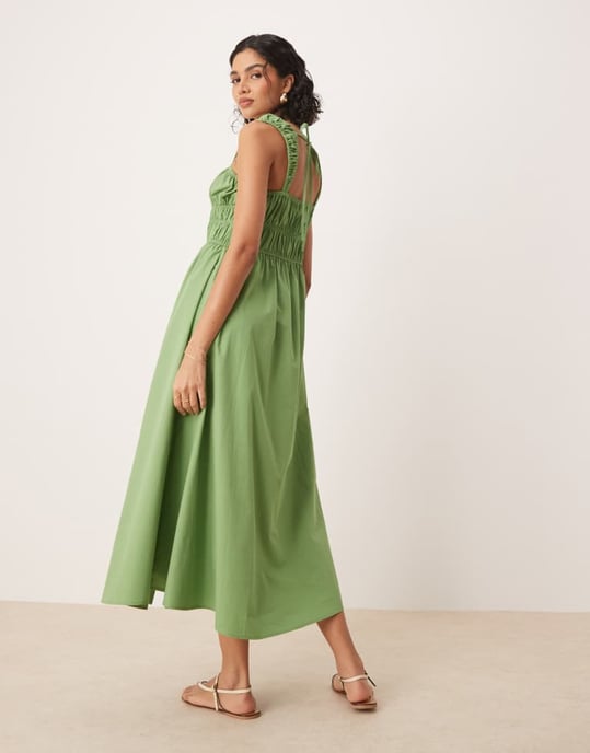 ASOS DESIGN tie front button down midi sundress in sage - Image 3