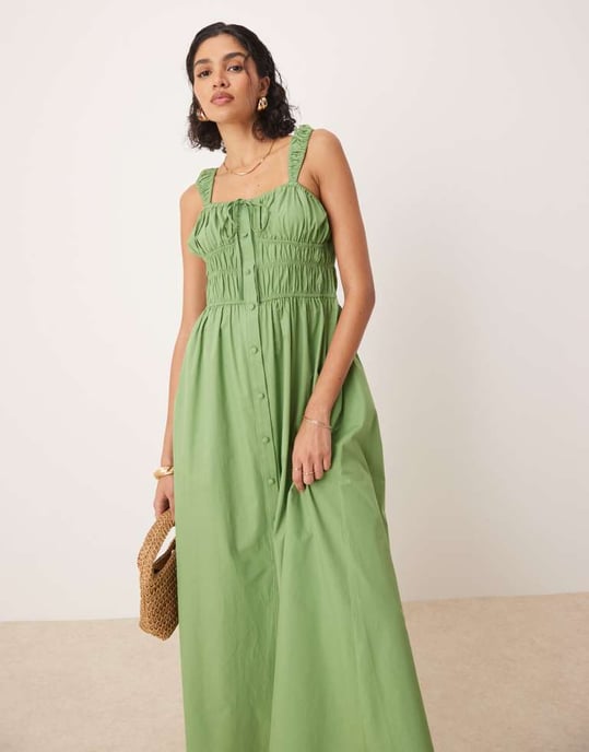 ASOS DESIGN tie front button down midi sundress in sage - Image 4