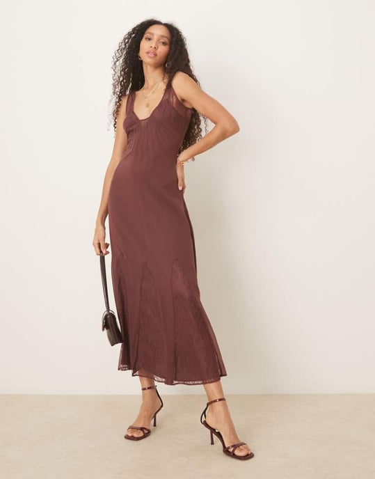 ASOS DESIGN lace and chiffon midi dress with godets in chocolate brown - Image 1