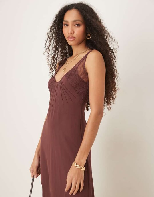 ASOS DESIGN lace and chiffon midi dress with godets in chocolate brown - Image 3