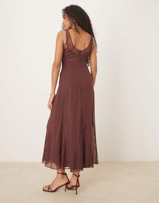 ASOS DESIGN lace and chiffon midi dress with godets in chocolate brown - Image 4
